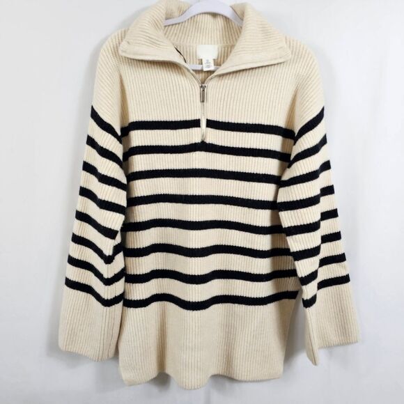 H&M Rib Kint Half Zip Sweater in Cream Striped - Size S - Picture 1 of 10